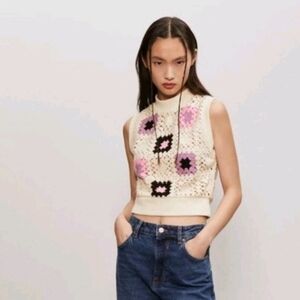 Zara Women's Crochet Top Cropped Cream Boho Hippie Festival Party Retro Size L